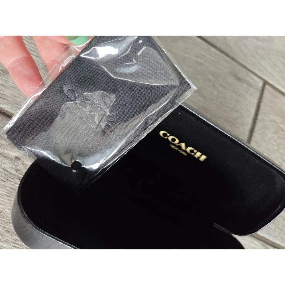 Coach Hard Clamshell Glasses Case & Microfiber Cloth (New) - Black Leather Logo